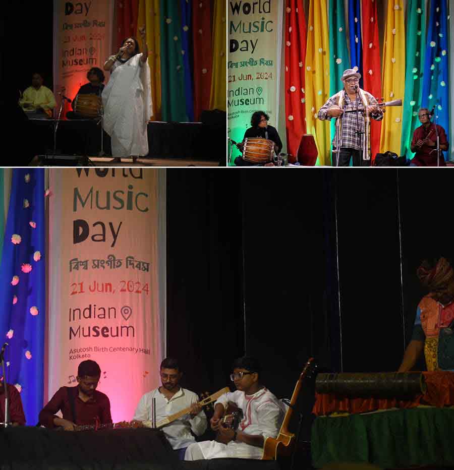  Adding to the unforgettable experience was a ‘doha’ (rhyming couplet) by Kabir, titled ‘Mati Kahe Kumbhar Se’, performed by (left) Dipannita Acharya, one of the oldest members of Banglanatak dot com, and a Caribbean song performed by (right) eminent musician Ranjan Prasad. Joining Dipannita in her performance was her son on guitar — a young musician ready to carry forward his mother’s legacy. (Below) Arpan Thakur Chakrabarty, another popular member of Banglanatak dot com, cheered on the budding musician as he played alongside him