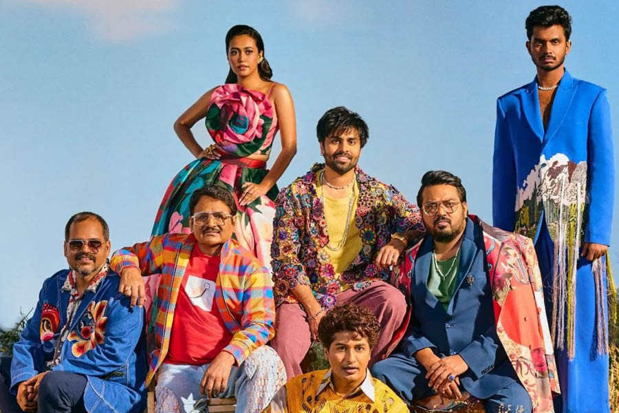 The cast of Panchayat S3 in the floral-themed photoshoot.