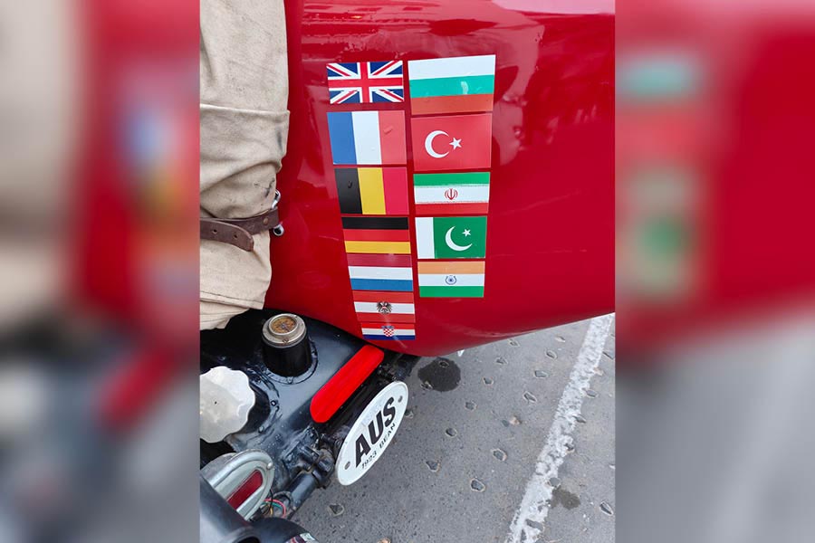 The Kidbys’ Bean sports flags of 13 countries across which the vintage wheels have traversed.