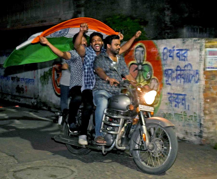 India’s win at the ICC Men’s T20 World Cup triggered wild celebrations across the city. These young men were spotted zipping around on a bike in Baguiati late on Saturday night 