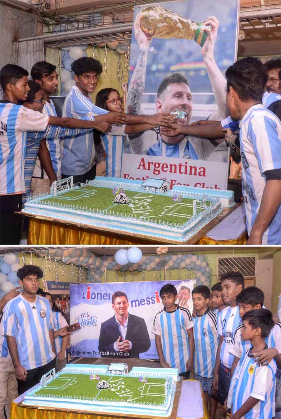 Argentina Football Fan Club in south Kolkata celebrated Lionel Messi’s birthday on Monday. Fans turned up in Argentina’s football jerseys and cut a cake in the shape of a football field 