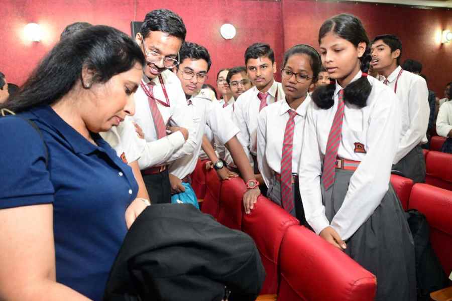 Swati Mohan interacts with students at the Birla Industrial and Technological Museum on Thursday.