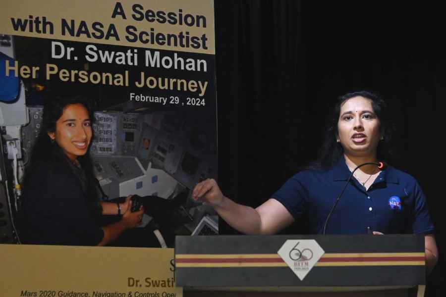Nasa scientist Swati Mohan during a session with school students at Birla Industrial and Technological Museum on Thursday.