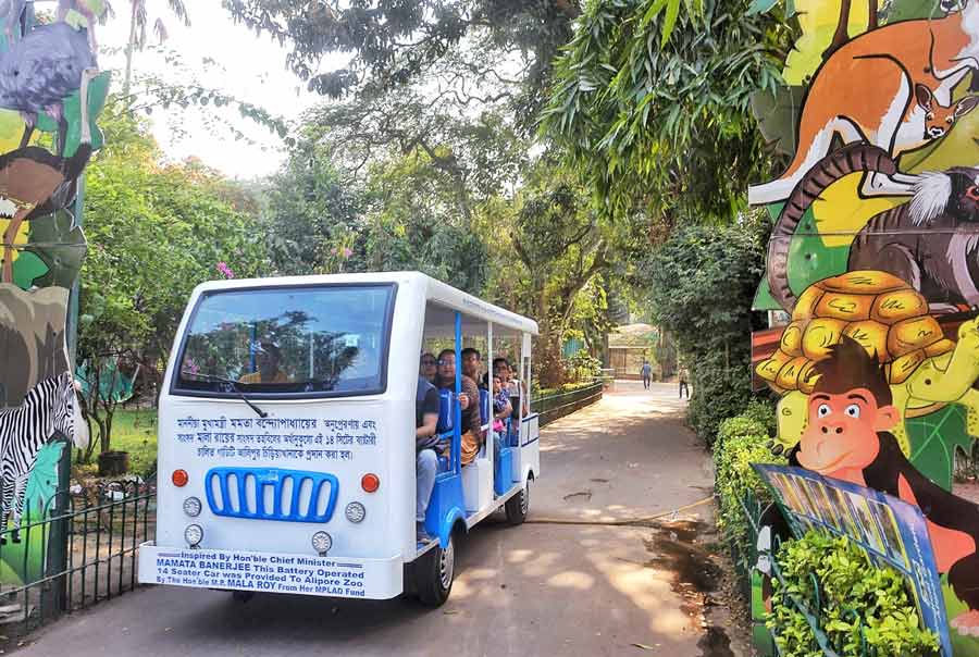 Visitors at Alipore Zoo take a ride in a battery operated cart on Friday afternoon. This facility began from March 1 to provide visitors a comfortable tour around the zoo in the summers  