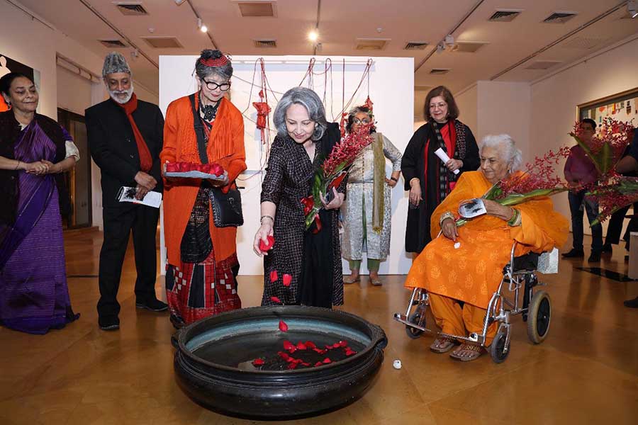 Sharmila Tagore inaugurates ‘Fantastic Realities and Beyond’ at Visual Art Gallery, Habitat Centre, in New Delhi on February 29. Rakhi Sarkar, director and curator of CIMA Gallery, and Pratiti Basu Sarkar, chief administrator of CIMA, were also present on the occasion
