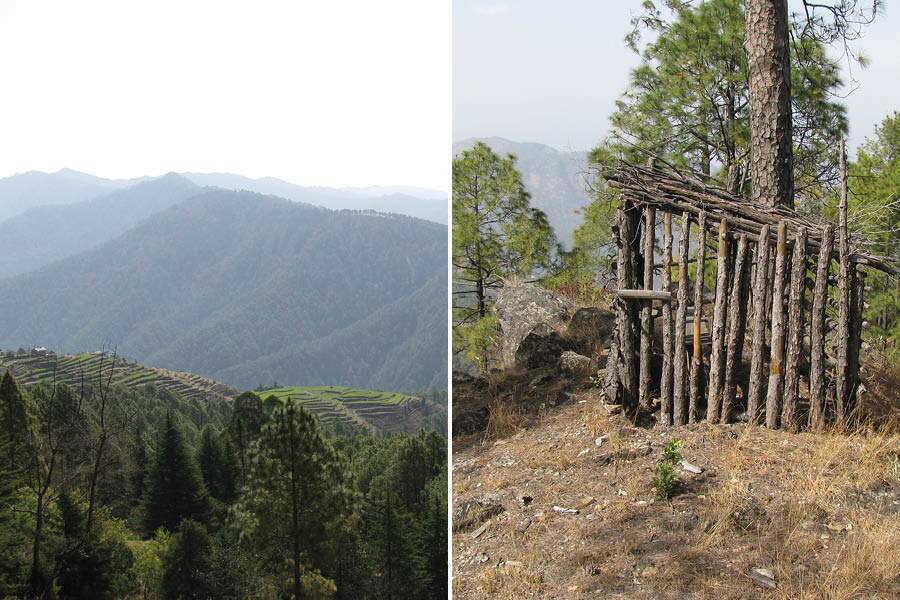 Binsar Wildlife Sanctuary and (right) a makeshift shelter from wild animals on a mountain ridge in Binsar
