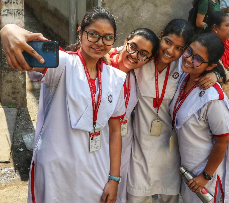 As Higher Secondary examinations ended on Thursday, students posed for a groupfie in front of Giribala Sircar Balika Vidyalaya   