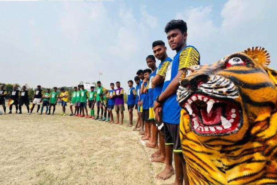 Players gather beside a tiger mask, which was donned by a Chhau dancer, before the football tournament at Pakhiralaya in Gosaba on Sunday