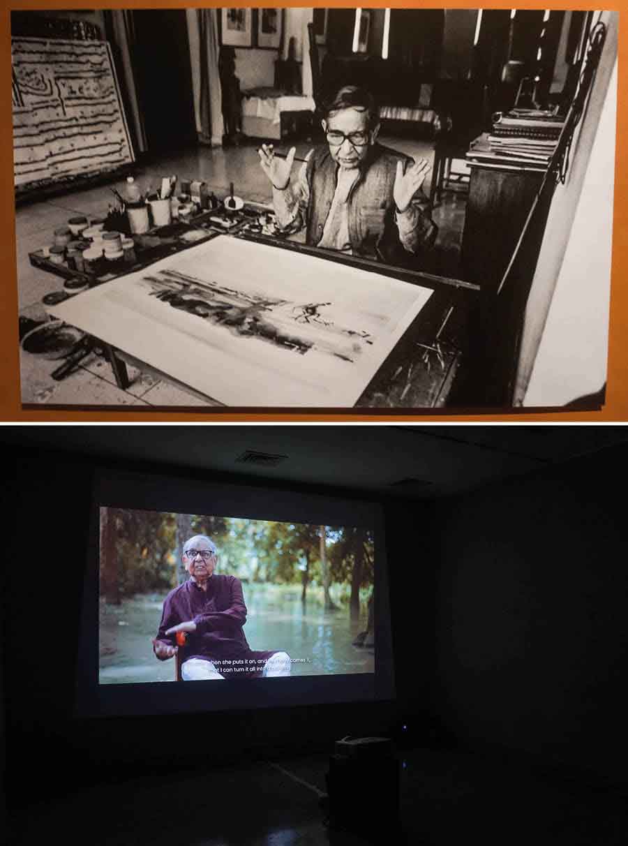 (Top and above) From a portrait of Ganesh Haloi captured by veteran photographer Nemai Ghosh to the screening of an audio-visual in which Haloi speaks about his idea of art — the exhibition is a window into the 88-year-old practising artist