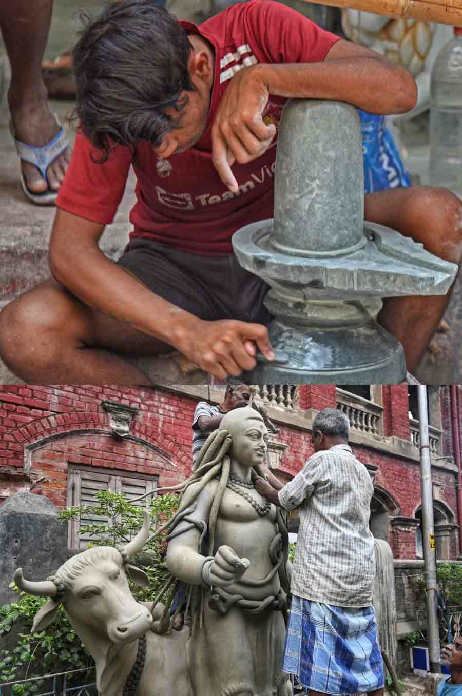 Artisans at Kumartuli and Rabindra Sarani give finishing touches to a Shiva idol and Shiva Lingam ahead of Shivratri which will be observed on March 8 and 9   
