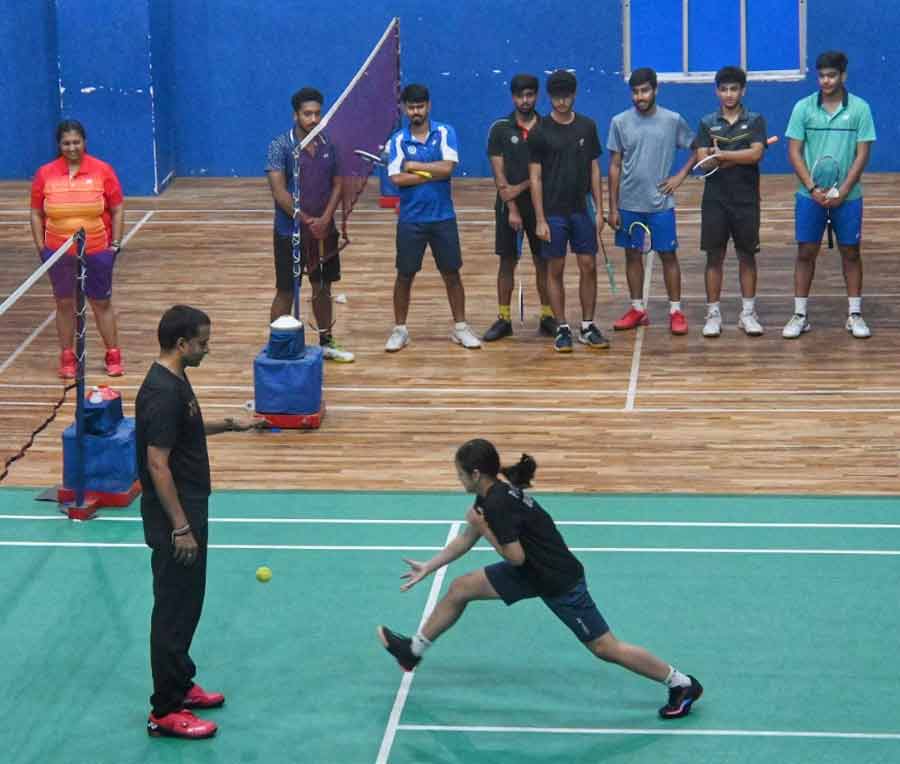 Star shuttler Pullela Gopichand guides his students at the Gopichand Badminton Academy at Harinavi on Monday  