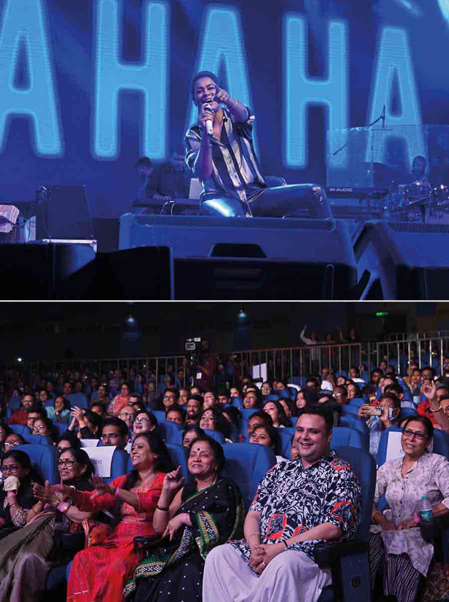 Iman, who is recovering from a leg injury, kept the audience on its toes with her scintillating performance. Her first song for the gig was ‘Aigiri Nandini’. She swiftly moved on to her chartbuster ‘Tapa Tini’, engaging in a fun banter with Sujoy Prosad Chatterjee, who was seen enjoying the concert thoroughly
