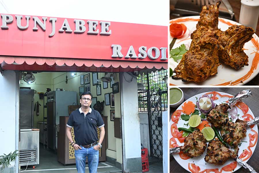 Owner P.V. Raju in front of his restaurant; (top) Adrak Ke Panje and Murg Lasuni Kebab (below) — two bestselling items of Punjabee Rasoi