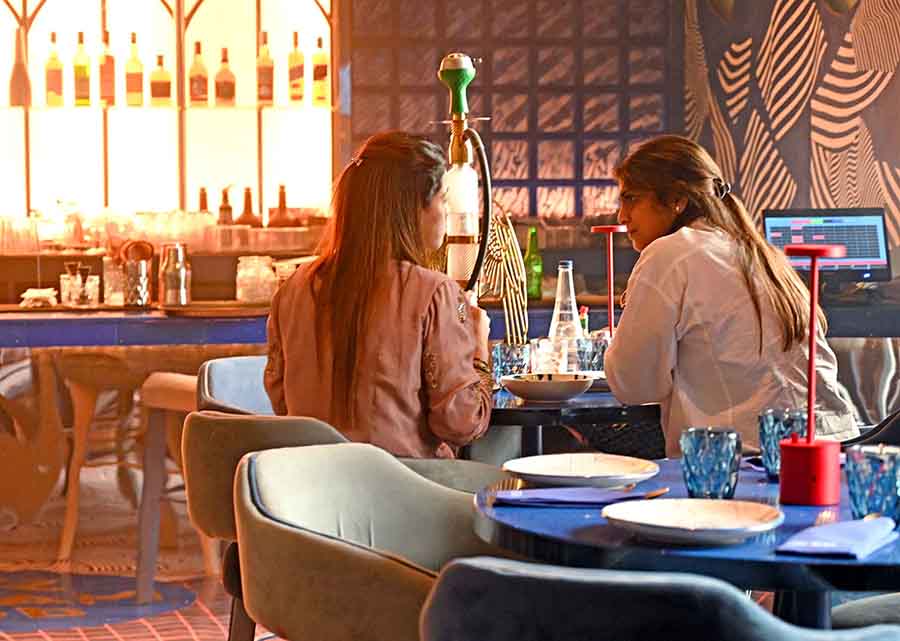 The last section of the place, the shisha zone, is done up in hues of blue and white. Post dinner, this section turns into a nightclub with installed interactive lights