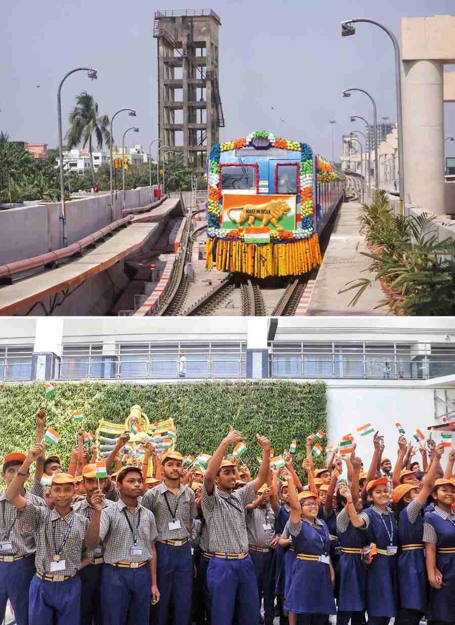 (Top) History was also scripted on the Orange Metro Line as Prime Minister Narendra Modi virtually inaugurated the truncated stretch from Kavi Subhash station to Hemanta Mukhopadhyay station (Ruby crossing), serving the areas of E.M. Bypass, Kasba and Anandapur, on Wednesday and (above) school students waved the Tricolour before the inaugural run
