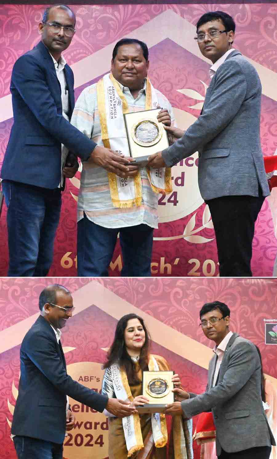 Actor Kharaj Mukherjee and Dr Saira Halim were felicitated as they won the Aranya Bangla Foundation (ABF)’s Bengal Excellence Award at Science City Seminar Hall. ABF is a non-profitable organisation carrying out various social service activities