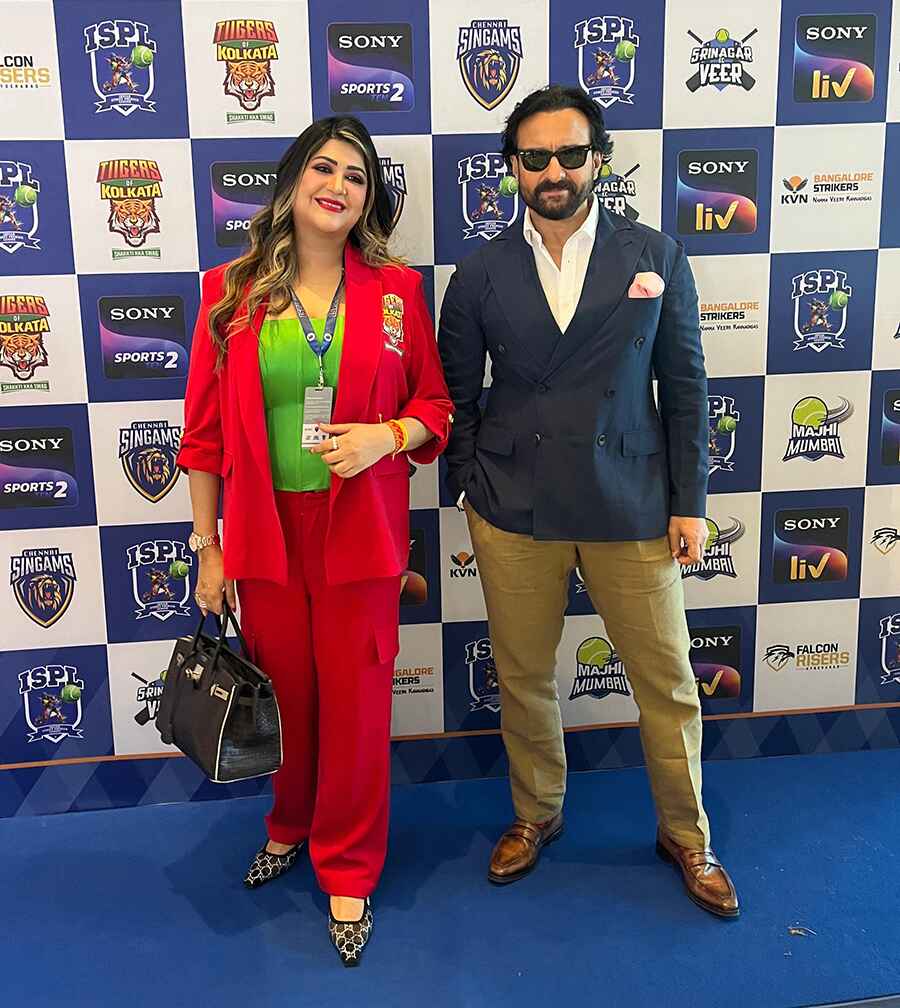 Team Tiigers Of Kolkata is gearing up for Indian Street Premier League (ISPL) starting on Wednesday. (In pics:L-R) Aksha Kamboj, executive chairperson of Aspect Global along with Bollywood actor Saif Ali Khan, owner of 'Tiigers of Kolkata' team motivated the players before their opening game against the Chennai Singams on March 7  