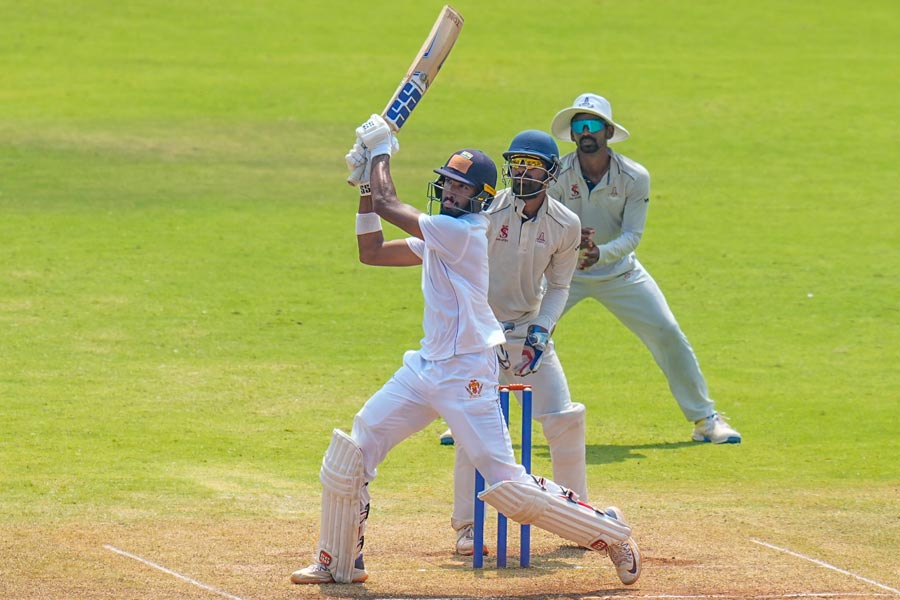 Karnataka's batter Devdutt Padikkal plays a shot during the 3rd day of the Ranji Trophy cricket match between Tamil Nadu and Karnataka, at M.A. Chidambaram Stadium in Chennai.