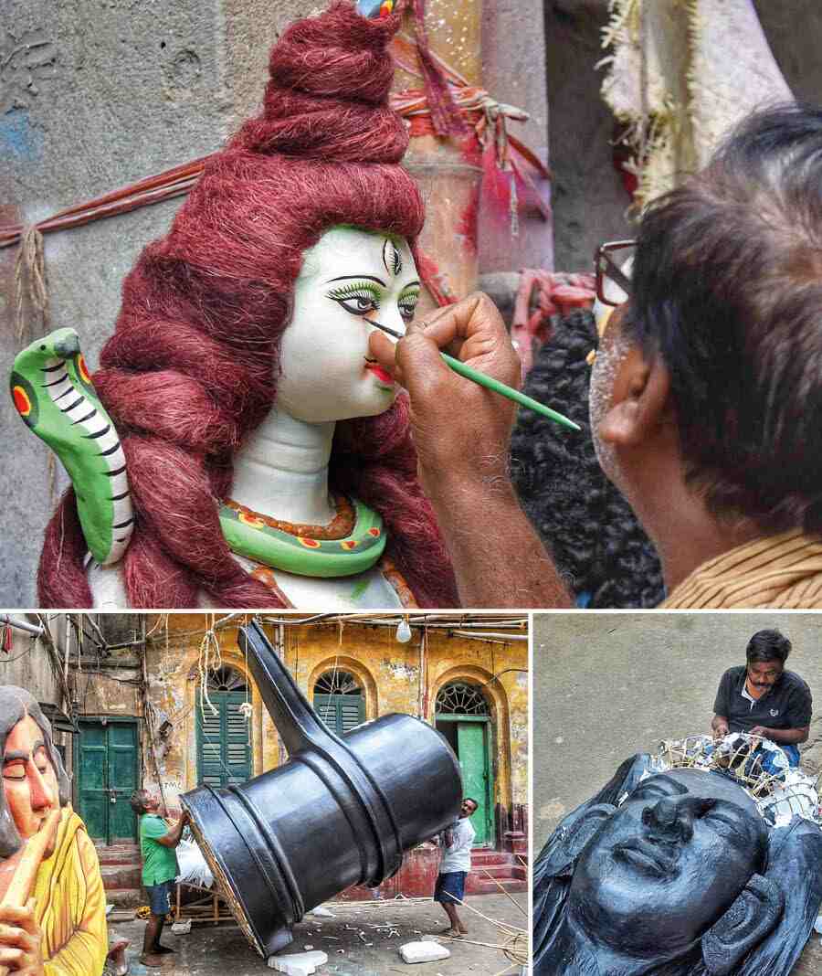 Artisans make huge props for Maha Shivratri at Dompara on Thursday afternoon