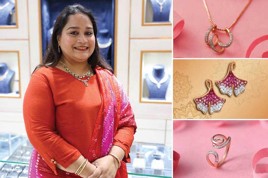Joita Sen, director and head of marketing and design, Senco Gold and Diamonds, at one of their showrooms; (right) a few items from various collections