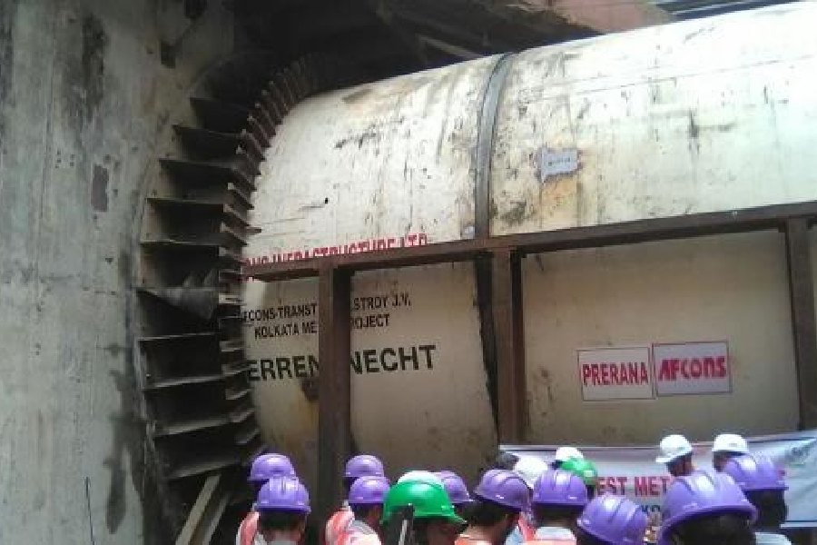 One of two tunnel-boring machines that dug the twin tunnels under the Hooghly. The picture, taken by one of the engineers in 2016, shows the front shield with blades before the machine started drilling at Howrah Maidan