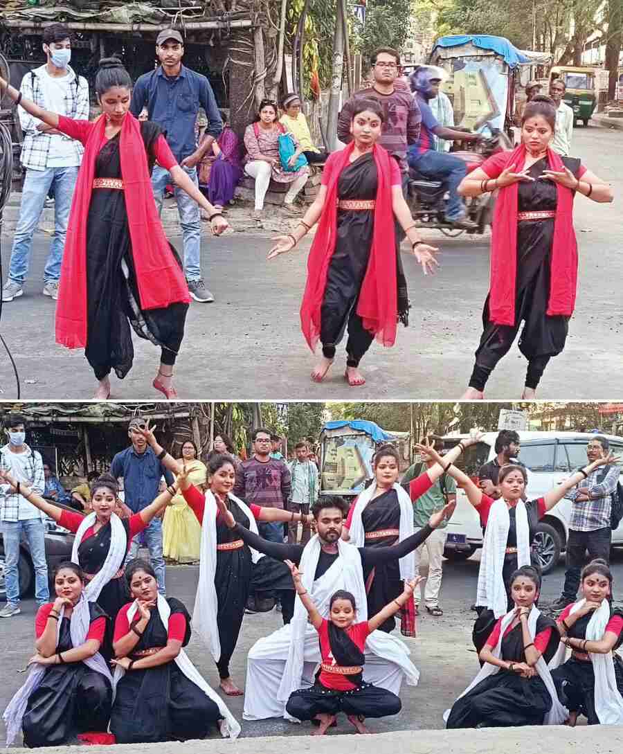 Maitree Network, a conglomerate of over 40 feminist organisations, display cultural street performances at Rabi Thakurer More (Ruby crossing) on International Women’s Day on Friday