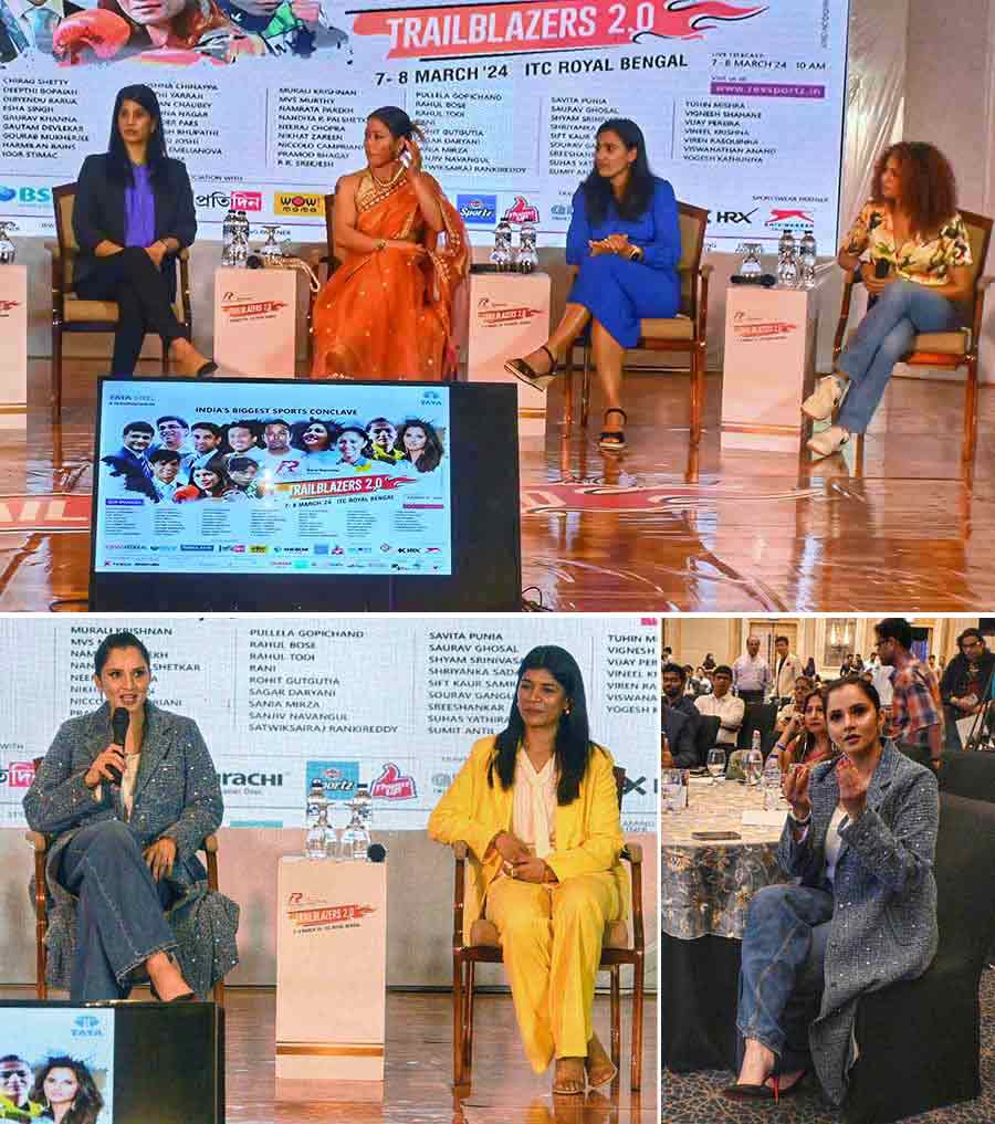 (Top) Olympian MC Mary Kom with Joshna Chinappa, Rani and Harmilan Bains at a sports conclave in Kolkata on Friday and (above) former tennis champ Sania Mirza and boxer Nikhat Zareen at the same event