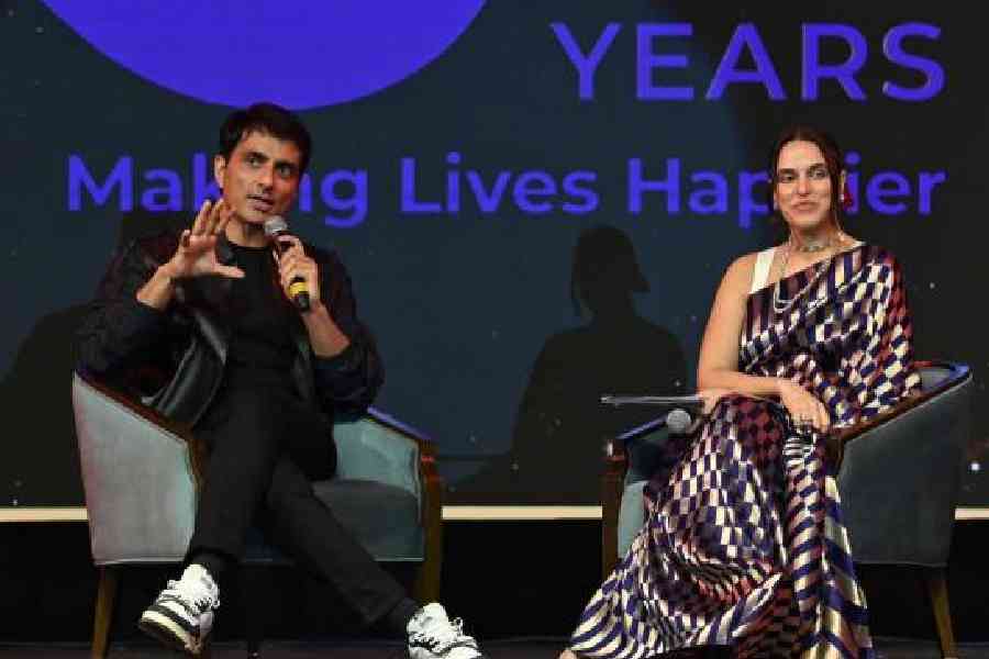 Sonu Sood and Neha Dhupia in conversation during 50 years celebration of Emami Group at JW Marriott, Kolkata