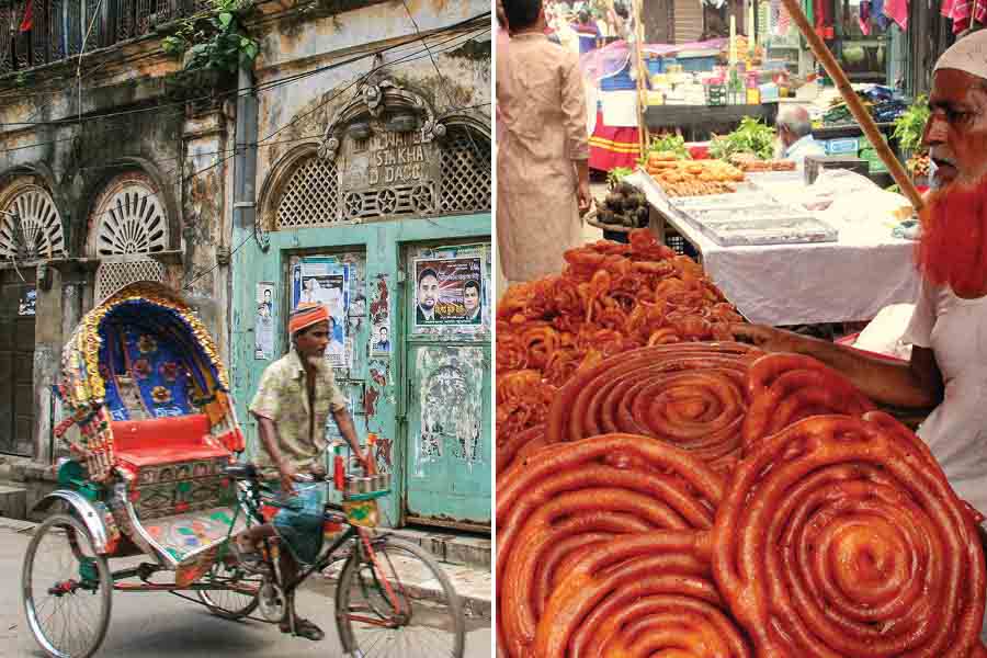 A cycle rickshaw passing old buildings on a narrow street in Old Dhaka; (right) a vendor selling jalebi in a local market