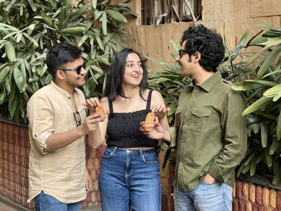 (From right) Riddhi Sen, Surangana Bandopadhyay and Rwitobroto Mukherjee were spotted at the launch of the music video ‘Duto Chaa Duto Biscuit’ on Saturday