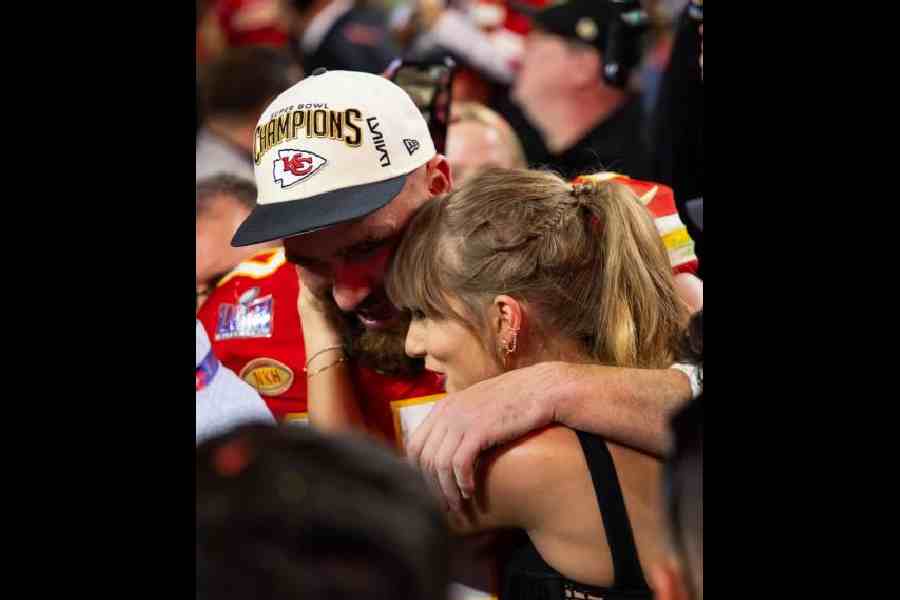 Kansas City Chiefs tight end Travis Kelce celebrates with girlfriend Taylor Swift after defeating the San Francisco 49ers in Super Bowl LVIII at Allegiant Stadium