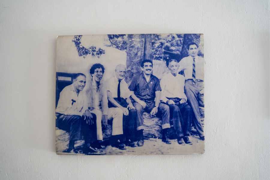 A photo on display at the town library shows author Gabriel Garcia Marquez, third from right, in Aracataca, Colombia, on March 6, 2024. The global literary titan and Colombia’s most famous author's legacy has helped transform the small mountain town where he was born.