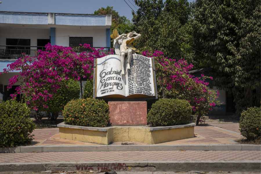 A sculpture of a book made as a tribute to Colombian author Gabriel García Márquez in Aracataca, Colombia, on March 6, 2024. Aracataca became the model for the fictional town of Macondo in “One Hundred Years of Solitude,” one of the most important creations of Gabriel Garcia Marquez.