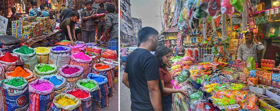 Shops at Burrabazar market get ready for Holi with a huge collection of colours and other related essentials. This year Holi will be celebrated on March 25 