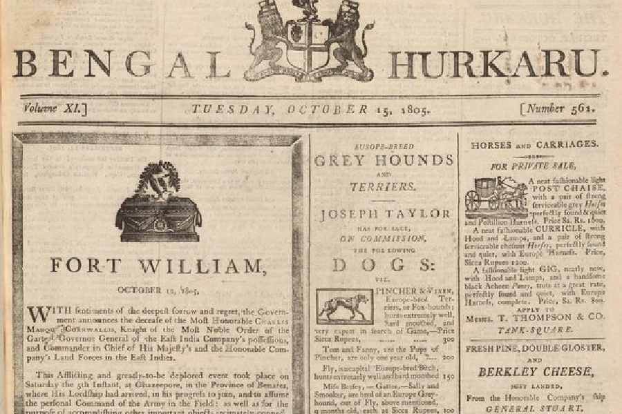 Front Page of Bengal Hurkaru Newspaper, 1805