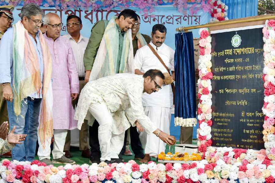 Ministers Sujit Bose and Aroop Biswas at the foundation stone-laying event for the fire station on Monday.