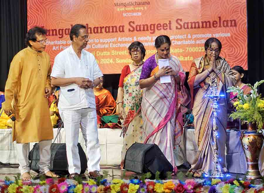 (From left) Apurba Mukherjee, tabla player and secretary of Mangalacharana; Amit Roy, president of the NGO; Sushmita Ganguli, teacher and a member of the organisation; Indrani Mukherjee, renowned vocalist; and Mamata Shankar inaugurated the event