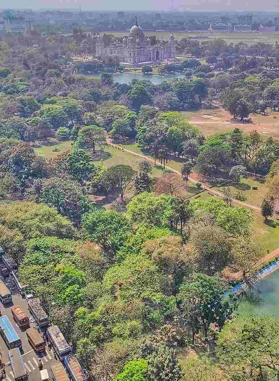 An aerial view of the lush green patch of the city around Victoria Memorial captured on Wednesday afternoon 