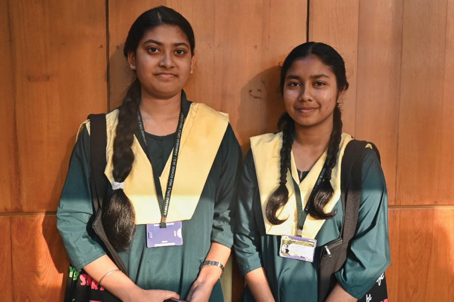  Sriparna Saha and (right) Debopriya Ghosh, both students of Class XI at Kamrabad Girls’ High School.