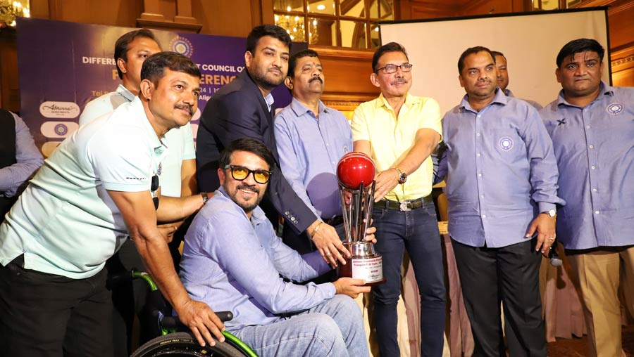 Physical Disability Triangular T20 Trophy 2024 will be held from March 15 to 17 by the Differently Abled Cricket Council of India. It was formally announced on Thursday. The Physical Disability Triangular T20 Trophy 2024 will be played between three states Punjab, Uttar Pradesh and West Bengal. The trophy was revealed for the same at Taj Bengal, Kolkata. The ceremony was graced by Arun Lal, former Indian cricketer; Chinmay Nayak, CEO of CAB; Ravi Chauhan, general secretary of DCCI; Sqn Ldr Abhai Pratap Singh, joint secretary of DCCI; Arun Saraf, chief patron of WB Cricket Association for Differently Abled; Rajesh Bhardwaj, chairman, Corporate Affairs & Communication of DCCI; Surender Agarwal, chairman, South India of DCCI & other eminent personalities  