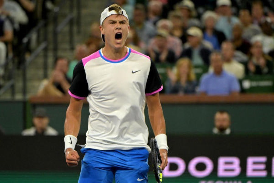 Holger Rune celebrates after match point, against Taylor Fritz at the Indian Wells on Wednesday