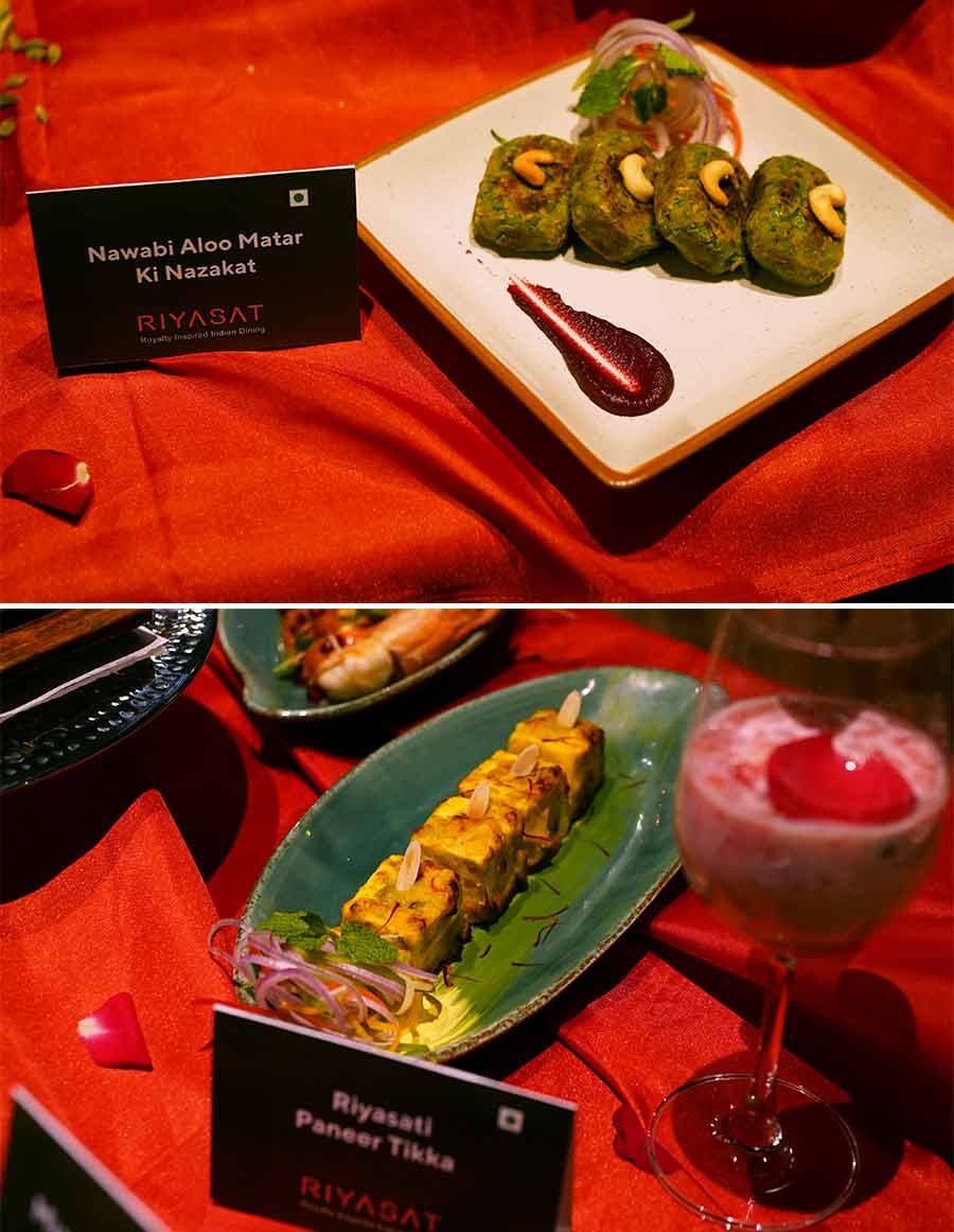 For the vegetarian starters we were served a Nawabi Aloo Matar ki Nazakat, a tikki-sized kebab of green peas and potatoes with Indian spices and the surprise flavour of fennel or ‘saunf’. The other option for vegetarian starter was Riyasati Paneer Tikka stuffed with dry fruits 
