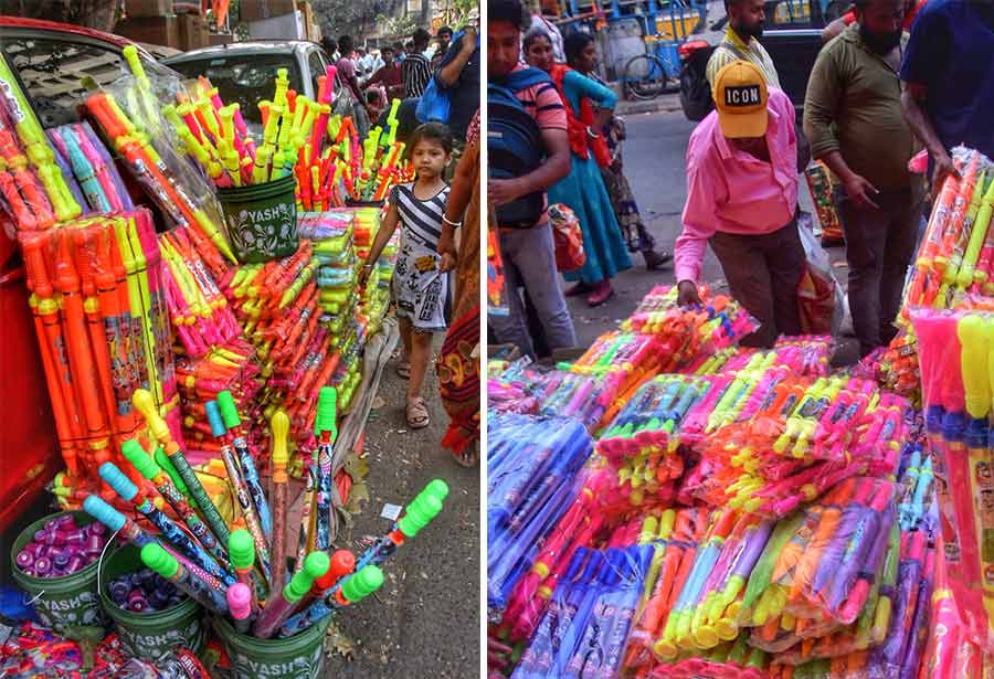 One week to Holi, shops in the markets around Kolkata is stocking up on ‘pichkaris’, colours and other essentials to celebrate the festival of colours  