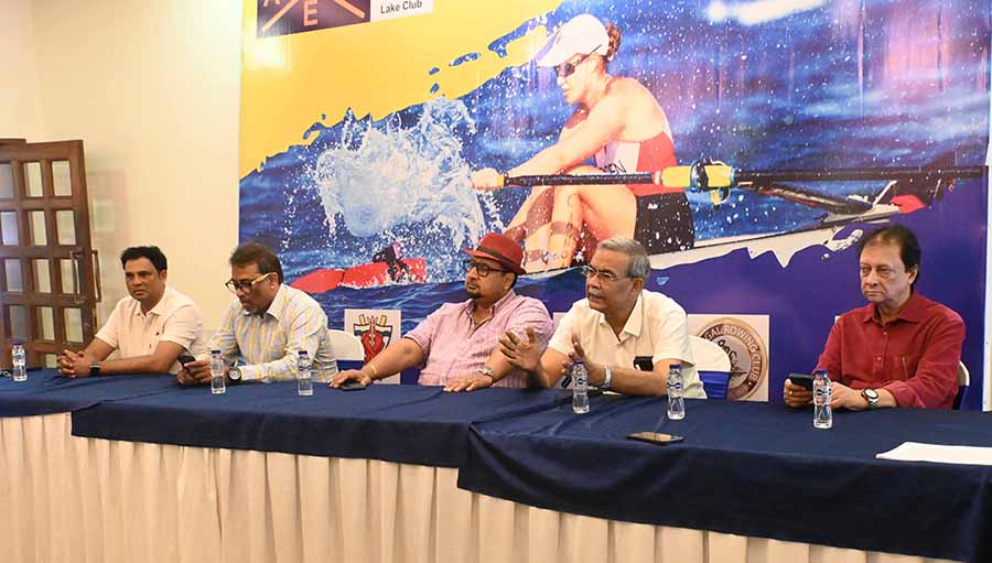 Rajdip Dasgupta, president of Bengal Rowing Association, addressing a press conference at Lake Club Kolkata on Saturday. International rowing clubs are set to join the 80th edition of ARAE-FEARA Regatta, the season’s first major rowing event, to be conducted at Rabindra Sarobar next week  