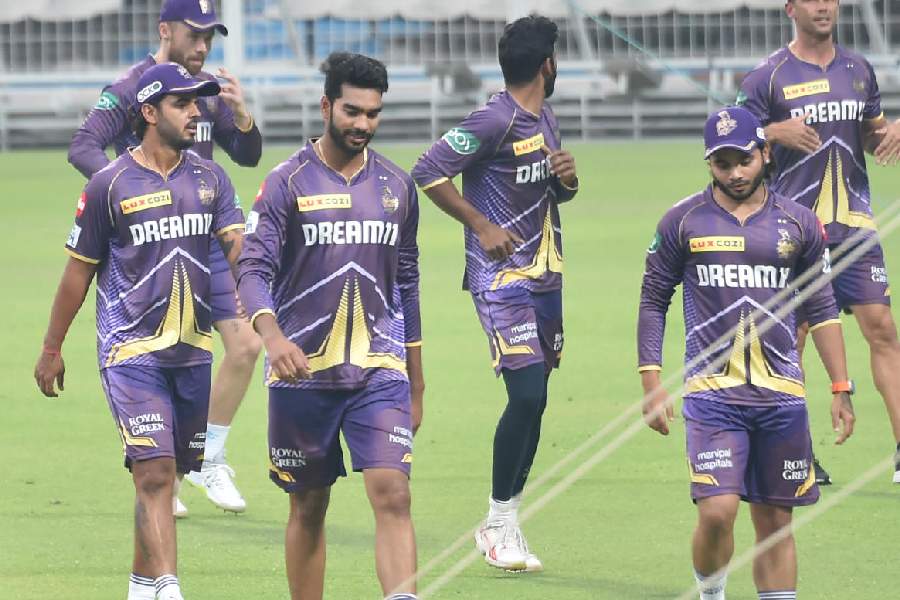 Venkatesh Iyer (second from left) during KKR's training session at Eden Gardens on Friday.