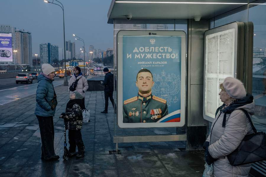 A bus stop poster honoring Russian soldiers and reading ”valor and courage”, in Moscow on Saturday, March 16, 2024. Many Russians fear another armed forces mobilization will take place, separating families by sending more troops into battle against Ukraine.