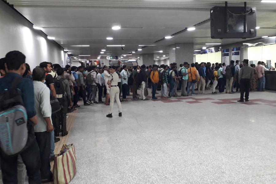 A queue for tickets at the Howrah Metro station on Monday morning.