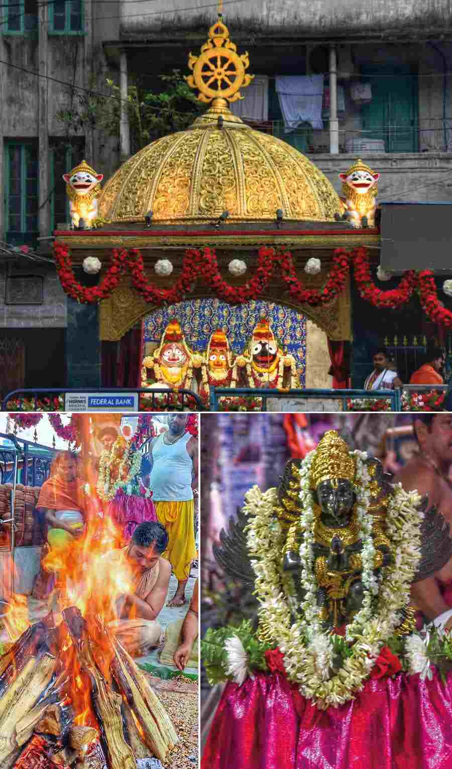 Jagannath is carried by Garuda Dev, the king of birds. Prayers were offered to Garuda Dev at Bagbazar Jagannath temple on Wednesday 
