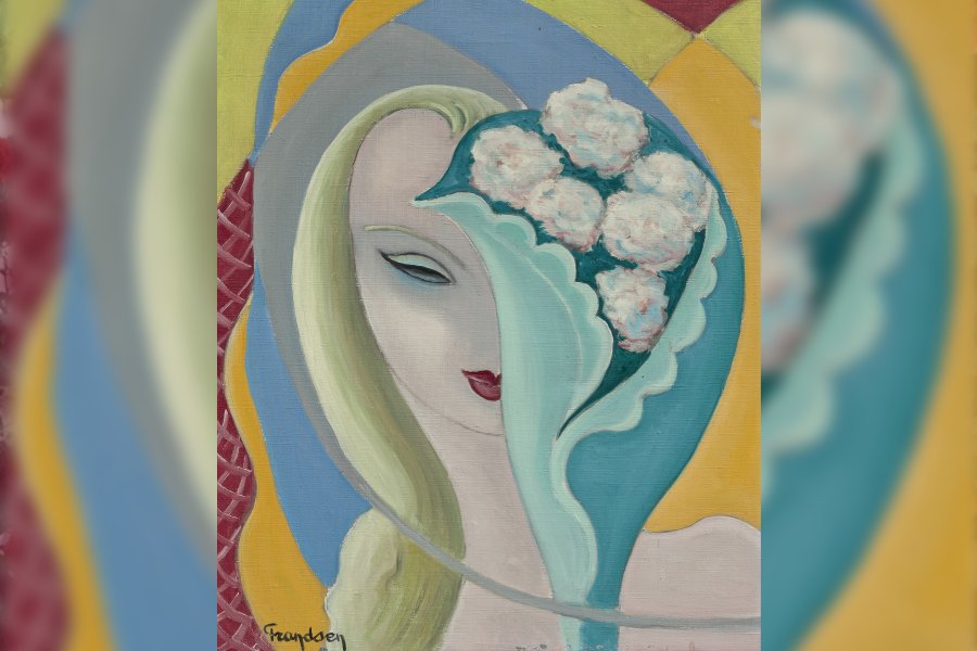 In an undated image provided by Christie's Images Ltd., the original cover art (“La Jeune Fille au Bouquet” by Emile Théodore Frandsen de Schomberg) for the album “Layla and Other Assorted Love Songs.” Eric Clapton’s handwritten messages, being auctioned this week, shed light on how he wooed Pattie Boyd away from George Harrison and on the impassioned songs the affair inspired.