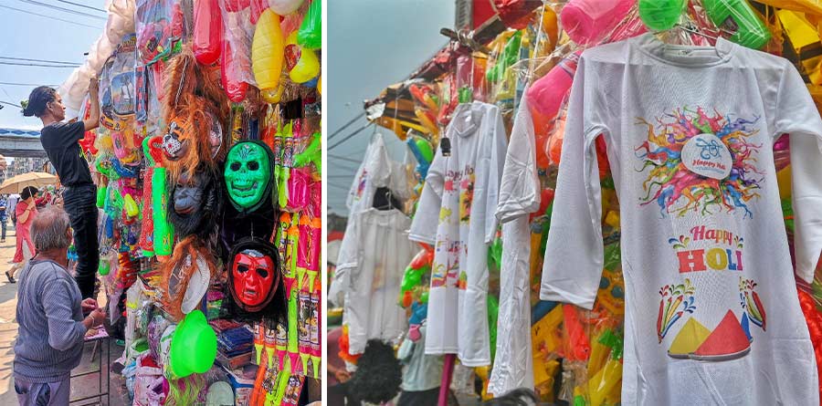 With just three days left for the festival of colours, shops around Kolkata sell a variety of Holi essentials. Demand for gulal, masks and pichakaris are high among youngsters   